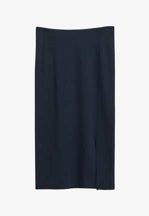 Dark navy pencil skirt made of stretchy fabric, featuring a straight cut and a side slit at the hem for added movement. No visible hardware.
