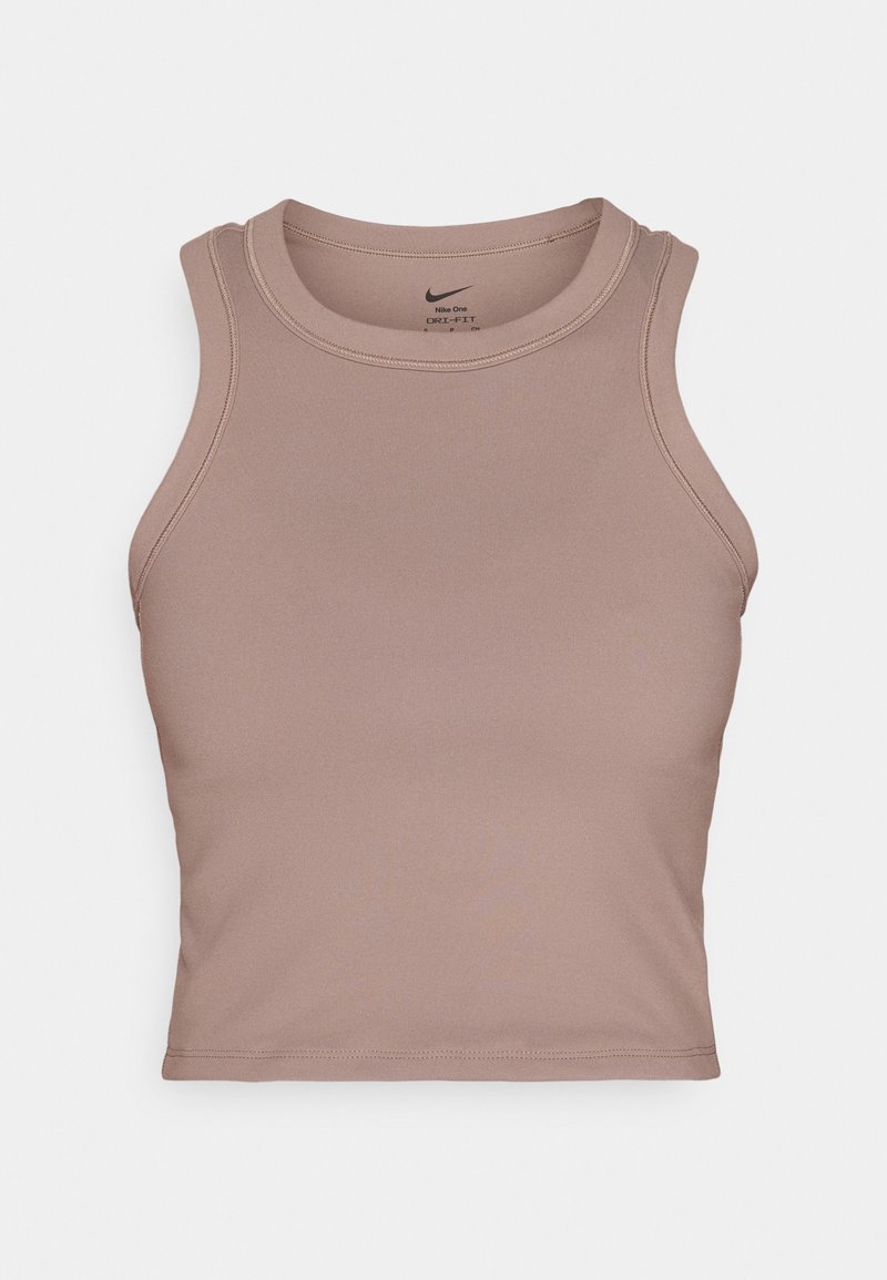Lichtbruine sportieve tanktop met een afgeronde halslijn, zonder mouwen en een gladde textuur. Kenmerkt zich door minimale stiksels en een getailleerde pasvorm.