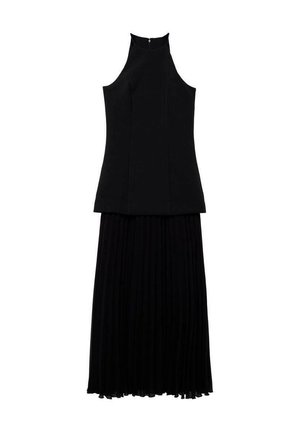 Black two-piece dress featuring a fitted sleeveless top with a high neckline and a pleated, floor-length skirt. Zipper closure at the back.