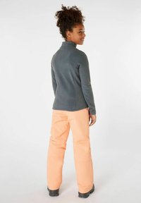 Sudadera de forro polar en gris oscuro con cuello alto, combinada con pantalones de esquí color melocotón. Presenta un corte relajado, superficie texturizada y botas negras.