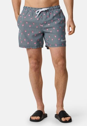 Blue and white striped swim shorts with pink flamingo pattern, elastic waistband, and drawstring. Worn with black slide sandals.