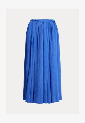 Modrá, dlouhá, skladaná sukně z texturované látky. Obsahuje elastický pas s detailem na zavázání pro úpravu.