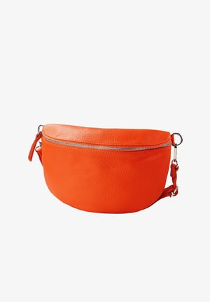 Orangefarbene Ledertasche zum Umhängen mit einer runden Form, ausgestattet mit einem Reißverschluss und einem seitlichen Riemen für eine verstellbare Länge. Strukturierte Oberfläche.