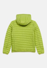 Φωτεινό πράσινο μπουφάν με καπιτονέ ύφασμα, κουκούλα, μακριά μανίκια και οριζόντιες ραφές, εμφανιζόμενο από πίσω σε λευκό φόντο.