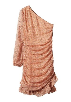 Asymetryczna sukienka na jedno ramię z długimi rękawami, marszczona, w różowo-pomarańczowy wzór kwiatowy z falbaną u dołu.