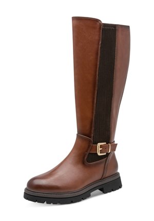Hoher brauner Lederstiefel mit schwarzem elastischem Seitenteil, goldener Schnalle und dicker schwarzer Gummisohle.