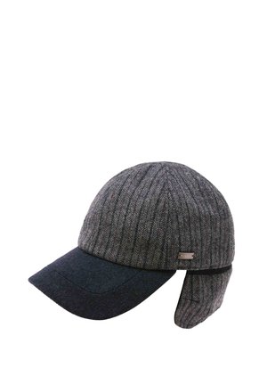 Gray herringbone patterned cap with a dark solid curved brim and attached ear flaps, designed for cold weather protection.