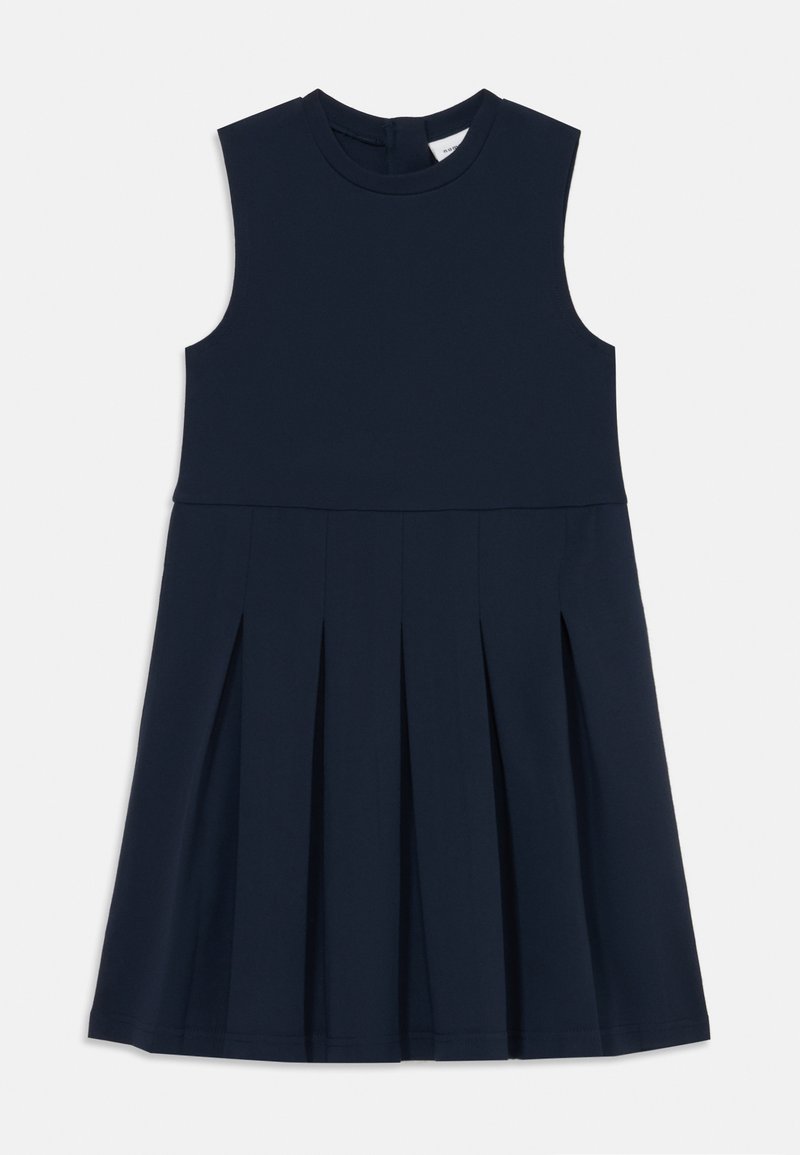 Vestido sem mangas azul-marinho com decote redondo, corpete justo e saia plissada. Feito de um material leve e suave para maior conforto.