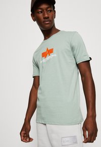 Šviesiai žalia medvilninė marškinėliai su oranžiniu žvaigždės piešiniu ir tekstu "Alpha Industries". Trumpomis rankovėmis ir apvaliu kaklu.