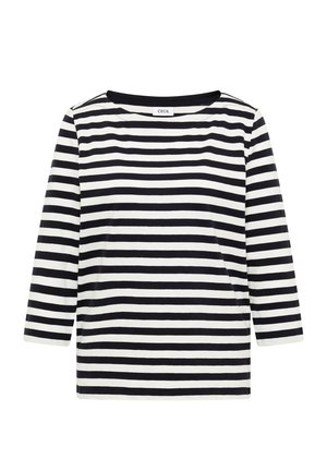 Chemise à manches longues à rayures horizontales noires et blanches avec un col rond et une petite étiquette "CECIL" au niveau du col.