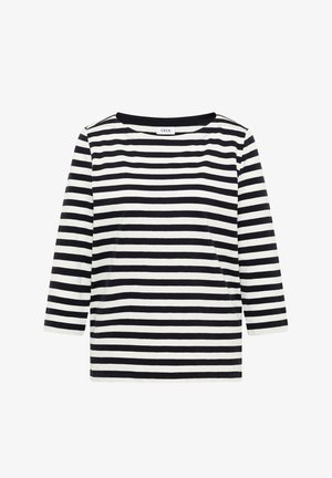 Czarna i biała koszulka w poziome paski z długim rękawem, okrągłym dekoltem i małą metką "CECIL" przy kołnierzu.
