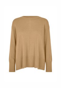 Beige gestrickter Pullover mit lockerer Passform, geripptem Saum, weitem Ausschnitt und langen Ärmeln. Weiche Textur, körperlanges Design.