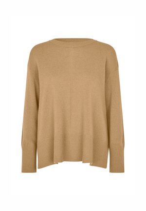 Maglione beige a maglia con vestibilità rilassata, orlo a coste, scollatura ampia e maniche lunghe. Texture morbida, design del corpo di lunghezza media.