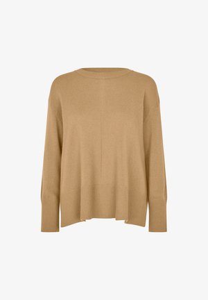 Beige gestrickter Pullover mit lockerer Passform, geripptem Saum, weitem Ausschnitt und langen Ärmeln. Weiche Textur, körperlanges Design.