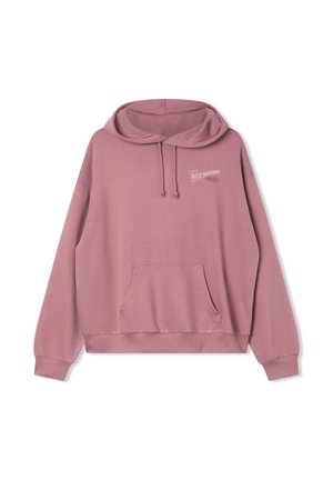 Felpa rosa chiaro con cappuccio regolabile, tasca frontale e polsini a costine. Presenta una scritta bianca sul petto che recita "Oggi fantastico". Tessuto morbido.