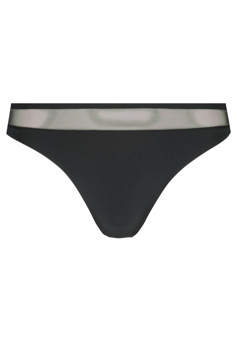 Schwarze Bikinislips aus glattem Stoff mit einem kontrastierenden elastischen Bund, der mit einem silbernen Akzentstreifen versehen ist.