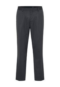Tmavě šedé chinos kalhoty s hladkým materiálem, plochým předním dílem, sklady na nohavicích a standardním pasem. Žádné viditelné kapsy ani ozdoby.