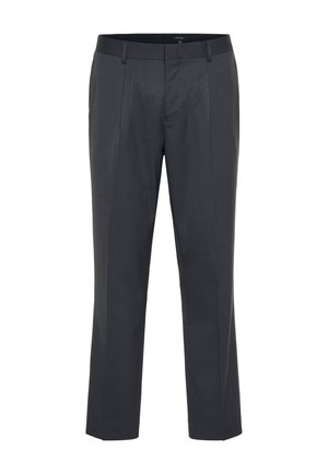 Tumma harmaita mittatilaustyönä valmistettuja housuja, joissa on sileä kangas, litteä etuosa, ryppyiset lahkeet ja tavallinen vyötärö. Ei näkyviä taskuja tai koristeita.