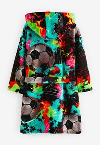 Peignoir à capuche en polaire colorée avec des éclaboussures abstraites et des motifs de ballon de football, manches longues et ceinture à la taille.