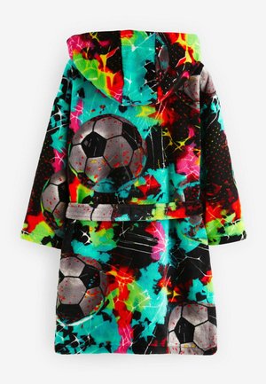 Fleece chalatas su kapišonu, ryškus daugiakampis abstraktus dizainas, su juodais, mėtų ir raudonais akcentais, bei futbolo kamuoliukų raštais.