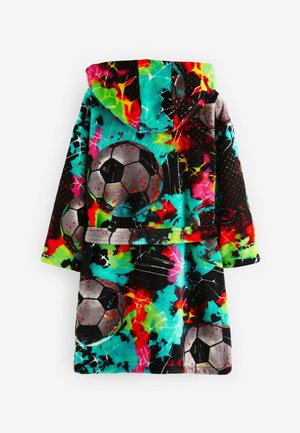 Fleece chalatas su kapišonu, ryškus daugiakampis abstraktus dizainas, su juodais, mėtų ir raudonais akcentais, bei futbolo kamuoliukų raštais.