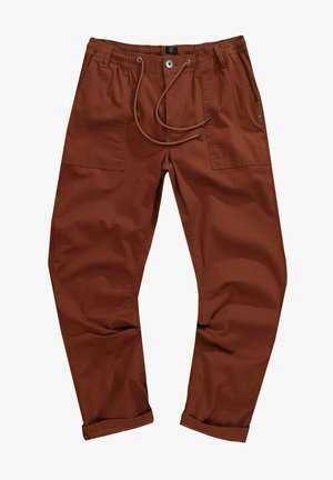 Pantaloni cargo in cotone marrone con vita regolabile a cordoncino, due tasche frontali e gambe affusolate. Texture liscia, design casual.