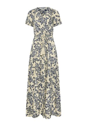 Maxikleid aus Creme mit kurzen Ärmeln, blauem Blumenmuster, Knopfleiste vorne und Taillenband mit Quasten.