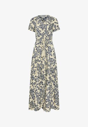 Roomjurk met korte mouwen, maxi-lengte, blauw bloemenpatroon, knoopsluiting aan de voorkant en ceintuur met franjes.