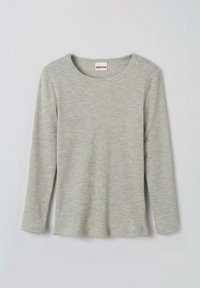 Maglietta a maniche lunghe di un grigio chiaro realizzata in tessuto a costine con collo rotondo. Presenta un design semplice e strutturato senza decorazioni.