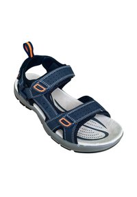 Sandalo blu navy con cinturini regolabili, suola grigia e design perforato. Presenta dettagli arancioni e una soletta imbottita per il comfort.