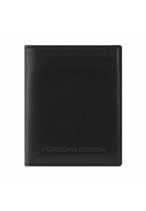 Cartera de cuero negro texturizado con "Porsche Design" en relieve en la parte inferior del centro frontal.