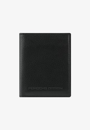 Portefeuille en cuir noir texturé avec "Porsche Design" embossé au centre en bas à l'avant.