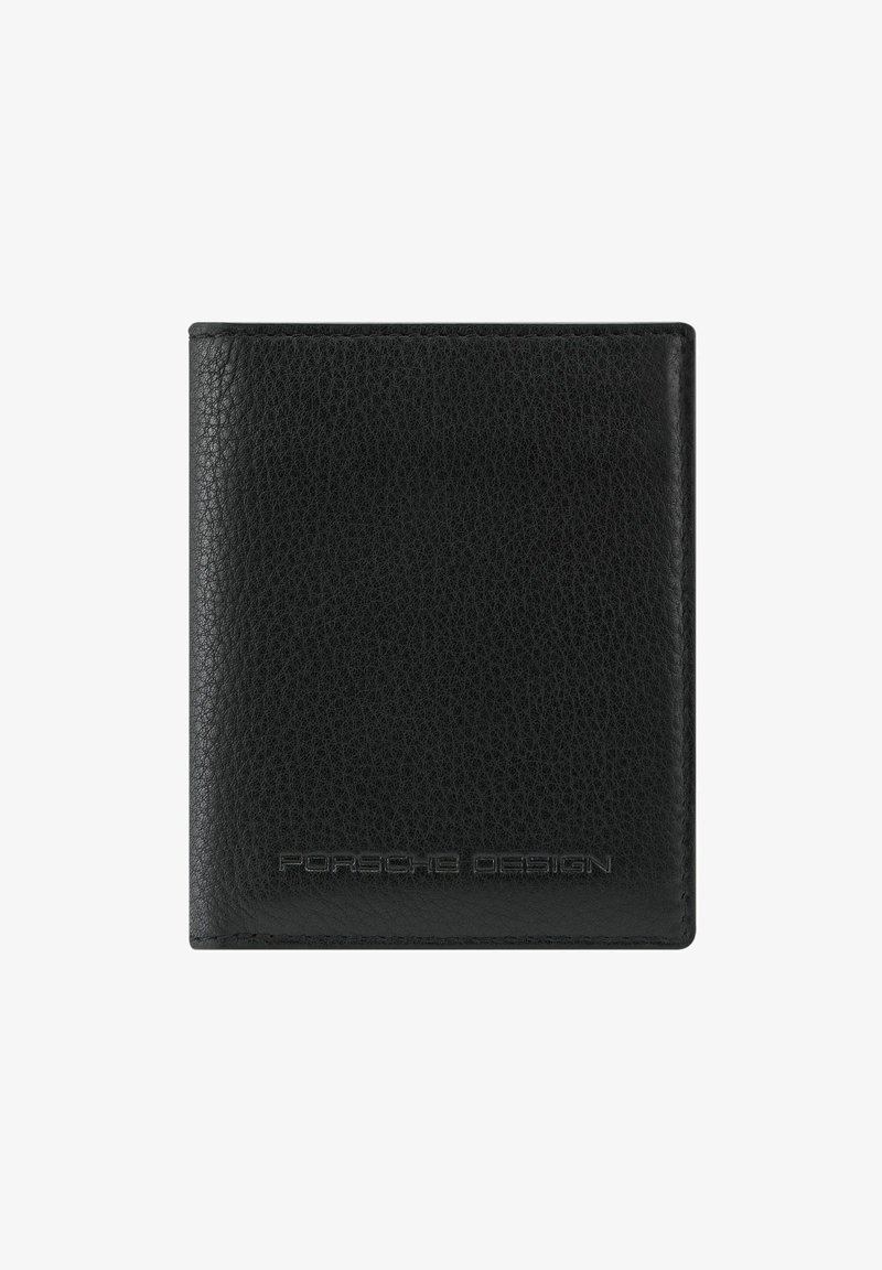 Cartera de cuero negro texturizado con "Porsche Design" en relieve en la parte inferior del centro frontal.