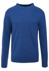 Niebieski sweter dziany z okrągłym dekoltem, długimi rękawami oraz prążkowanymi ściągaczami na mankietach i dole. Miękka tekstura z jednolitym wzorem.