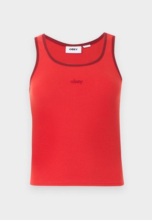 Κόκκινο αμάνικο ριμπ τοπ με σκούρα κόκκινη επένδυση και μικρό κεντημένο λογότυπο "obey" στο κέντρο κάτω από το λαιμό.