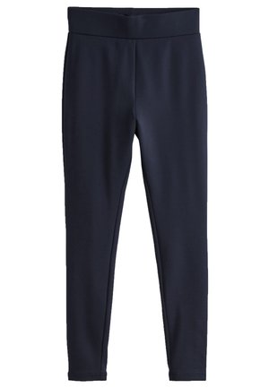 Marineblauwe legging met een gladde textuur, hoge elastische tailleband en een aansluitend ontwerp, zonder zichtbare naden of patronen.