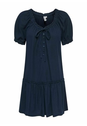 Robe bleu foncé manches courtes avec encolure froncée, boutons devant, détail noué, poignets élastiqués et jupe à volants froncés.