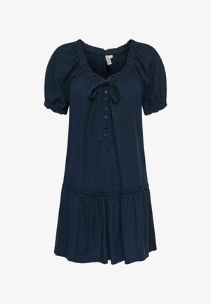 Robe bleu foncé manches courtes avec encolure froncée, boutons devant, détail noué, poignets élastiqués et jupe à volants froncés.