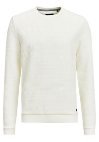 Vit sweatshirt med strukturerade horisontella ränder, rundad hals och ribbade ärmar. Har en liten märkesdetalj på nedersta vänstra sidan.