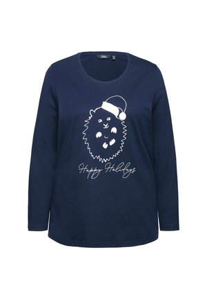 Marineblauwe langarmshirt met een witte leeuwafbeelding met een kerstmanhoed, en de tekst "Vrolijke Feestdagen" in een cursieve lettertype onderaan.