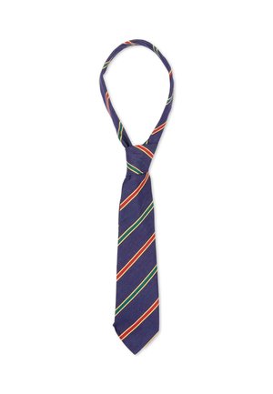 Corbata azul marino con rayas diagonales rojas, verdes y amarillas, preanudada con un nudo y una lazada para facilitar su uso.