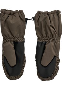 Bruna vattentäta vantar med svarta läderhandflator, elastiska manschetter och en dragkedjeficka. Slät textur, isolerat utförande för värme.