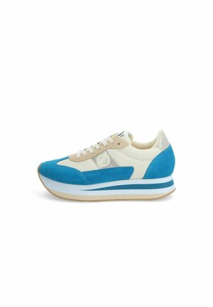Blue and cream suede sneakers with a rounded design, mesh panels, and a cushioned sole featuring blue stripes and light beige accents.