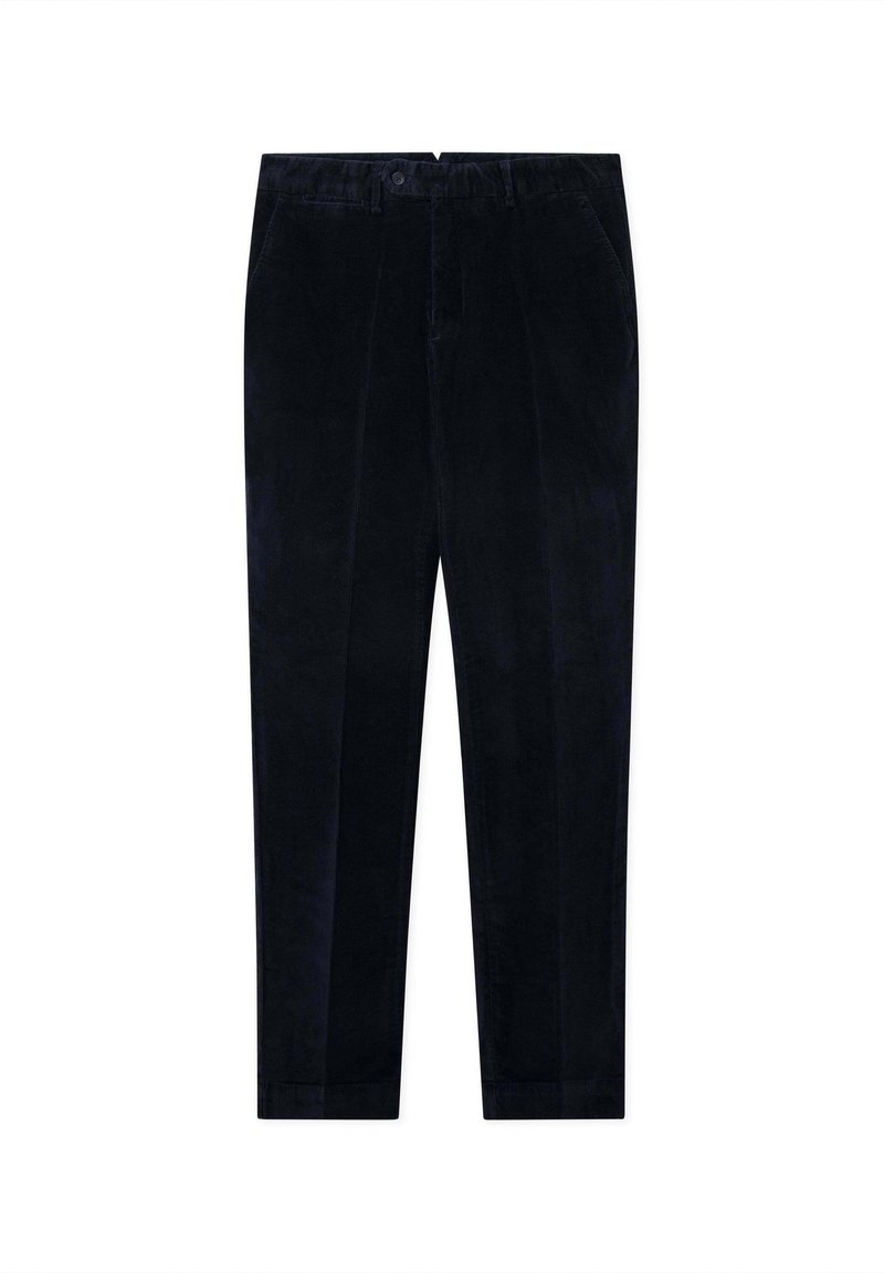Pantalons en velours côtelé marine avec une coupe droite, présentant une texture subtile, des poches latérales, une fermeture à bouton à l'avant et des détails de plis.
