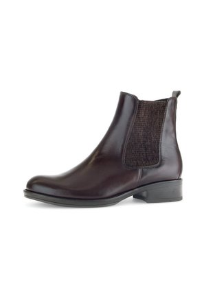 Bottines Chelsea en cuir marron avec panneaux latéraux élastiques et accent en tissu texturé. Présentent un bout arrondi et un talon bas empilé.