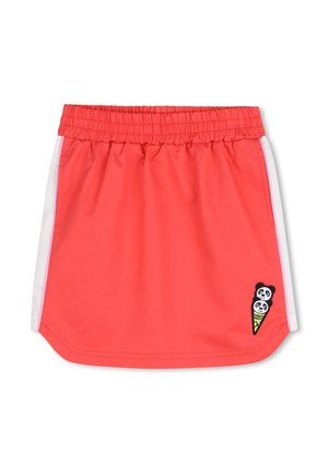 Skort corail avec une taille élastique. Comprend des panneaux latéraux blancs et un patch cousu représentant une glace panda en cornet. Tissu lisse et léger.