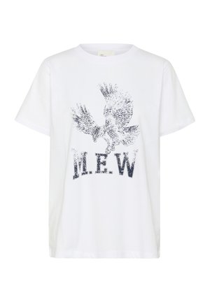 White cotton t-shirt featuring a blue graphic of an eagle and the letters "M.E.W." below it. Short sleeves and a relaxed fit.