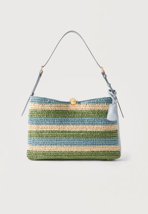 Striped woven handbag with horizontal blue, green, and beige stripes, a gold clasp, light blue adjustable shoulder strap, and leather tag.