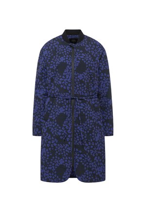 Leichte Bomberjacke mit navyblauem Grund und lebhaftem lila Leopardenmuster. Mit einem Frontreißverschluss, seitlichen Taschen und einem Kordelzug am Bund.