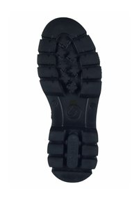 Semelle de chaussure en caoutchouc noir avec un motif de semelle en relief comprenant des rainures multidirectionnelles et un accent circulaire au talon, comportant un logo en relief.